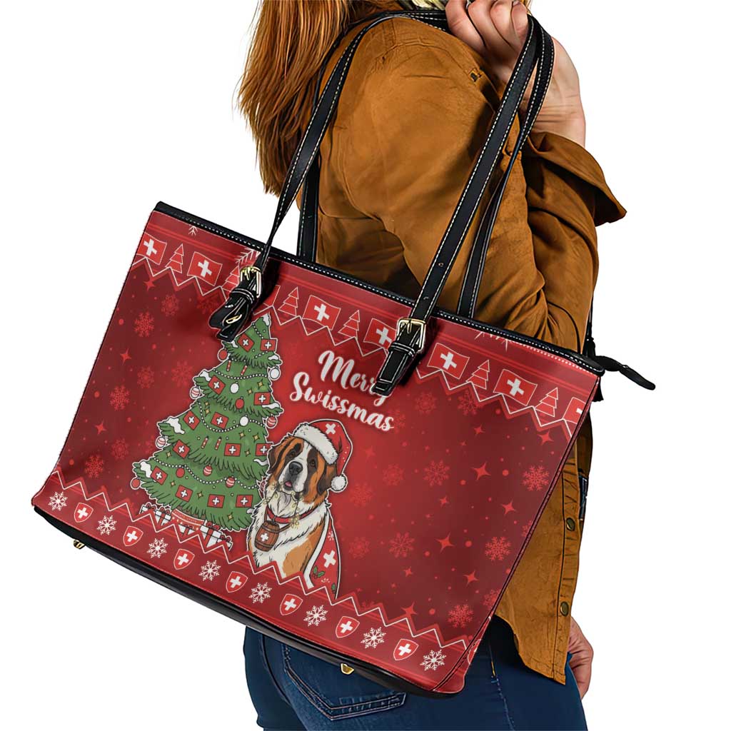 Switzerland Christmas Leather Tote Bag Saint Bernard Merry Swissmas - Wonder Print Shop