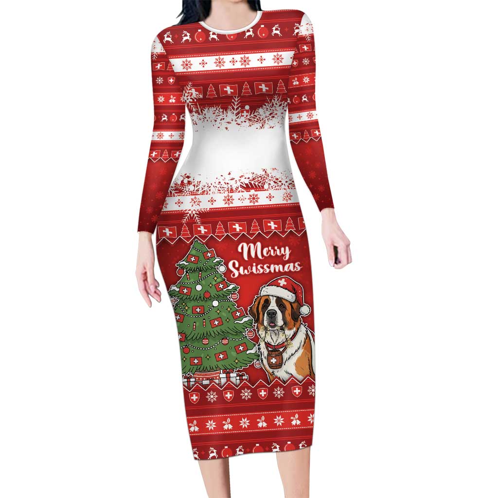 Switzerland Christmas Long Sleeve Bodycon Dress Saint Bernard Merry Swissmas - Wonder Print Shop