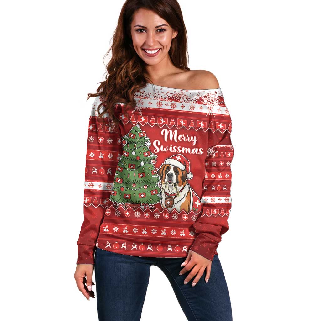 Switzerland Christmas Off Shoulder Sweater Saint Bernard Merry Swissmas - Wonder Print Shop