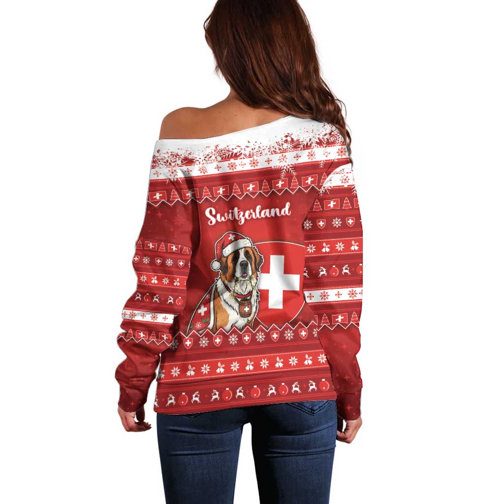 Switzerland Christmas Off Shoulder Sweater Saint Bernard Merry Swissmas - Wonder Print Shop