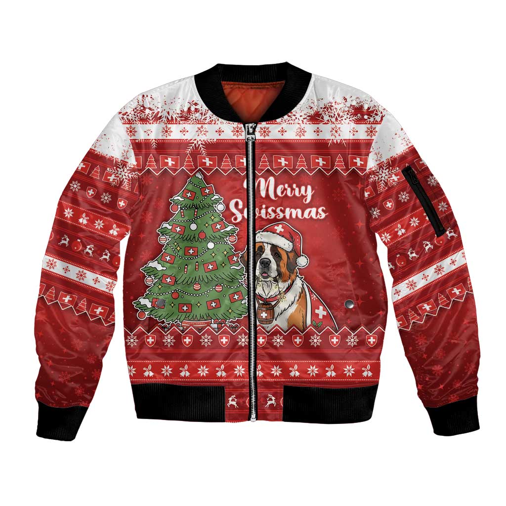 Switzerland Christmas Sleeve Zip Bomber Jacket Saint Bernard Merry Swissmas - Wonder Print Shop