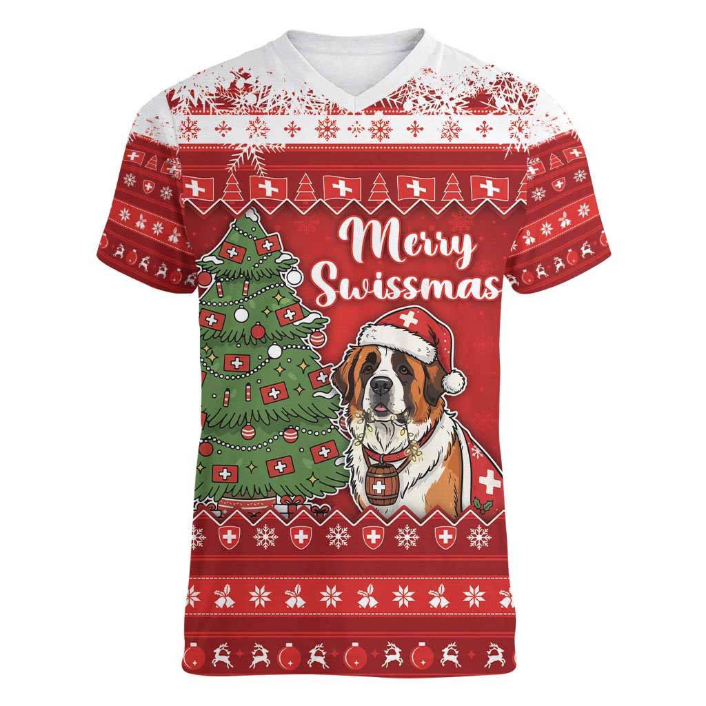 Switzerland Christmas Women V-Neck T-Shirt Saint Bernard Merry Swissmas - Wonder Print Shop
