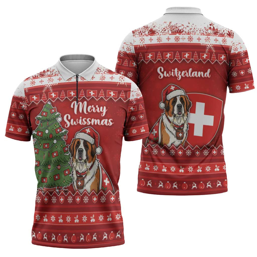 Switzerland Christmas Zipper Polo Shirt Saint Bernard Merry Swissmas - Wonder Print Shop