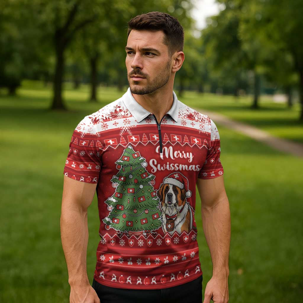 Switzerland Christmas Zipper Polo Shirt Saint Bernard Merry Swissmas - Wonder Print Shop