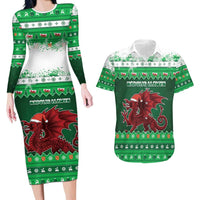 Wales Christmas Couples Matching Long Sleeve Bodycon Dress and Hawaiian Shirt Cymru Dragon Nadolig Llawen - Wonder Print Shop