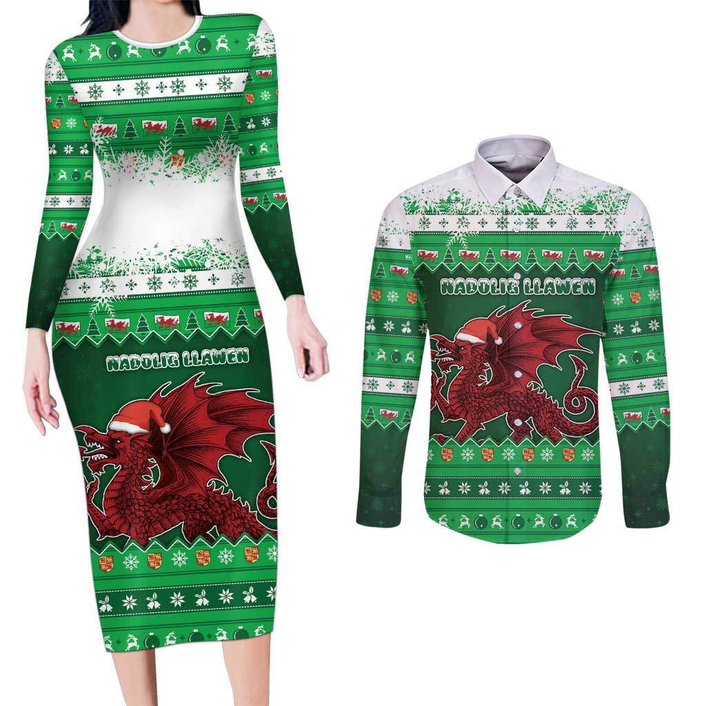 Wales Christmas Couples Matching Long Sleeve Bodycon Dress and Long Sleeve Button Shirt Cymru Dragon Nadolig Llawen - Wonder Print Shop
