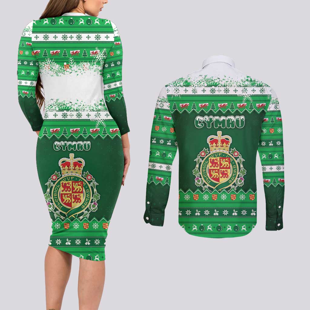 Wales Christmas Couples Matching Long Sleeve Bodycon Dress and Long Sleeve Button Shirt Cymru Dragon Nadolig Llawen - Wonder Print Shop