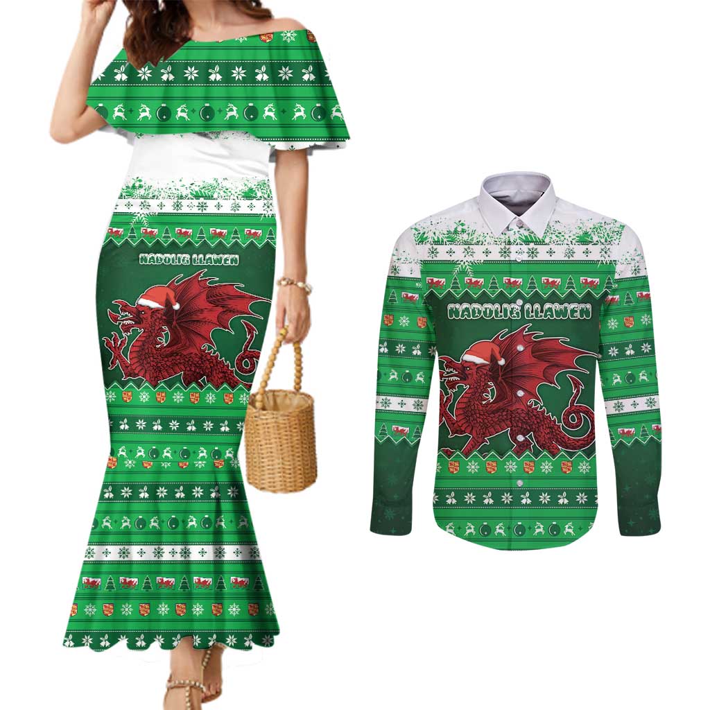 Wales Christmas Couples Matching Mermaid Dress and Long Sleeve Button Shirt Cymru Dragon Nadolig Llawen - Wonder Print Shop