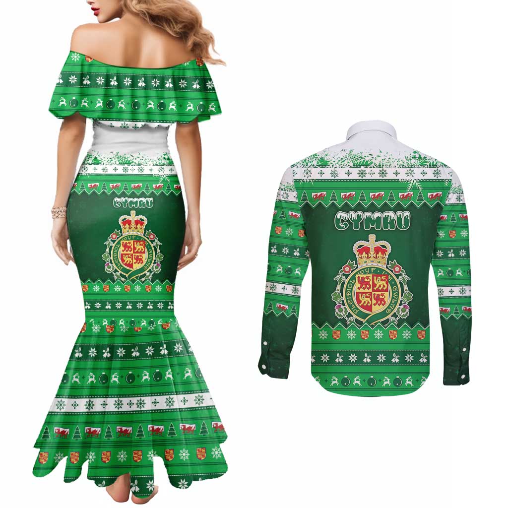 Wales Christmas Couples Matching Mermaid Dress and Long Sleeve Button Shirt Cymru Dragon Nadolig Llawen - Wonder Print Shop