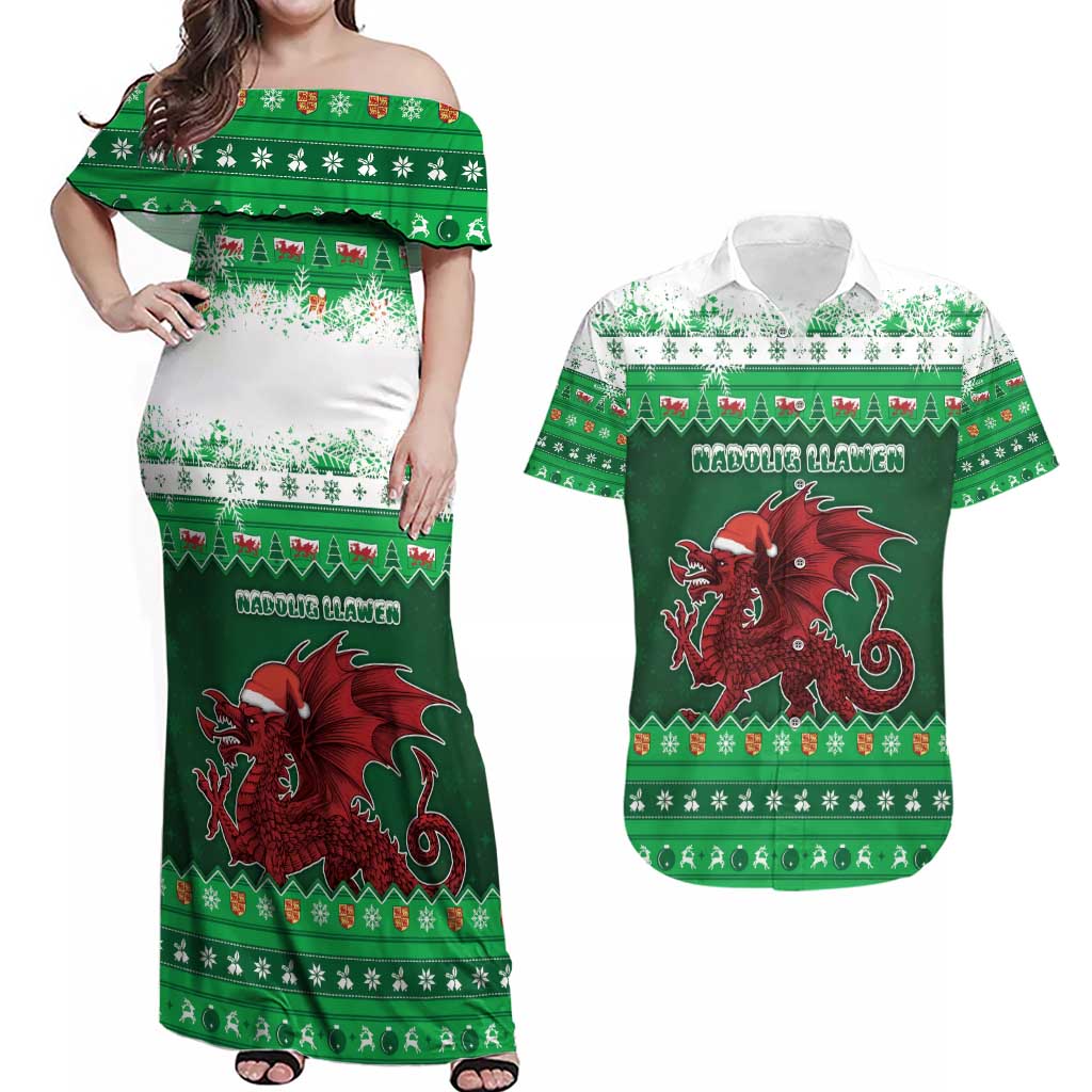 Wales Christmas Couples Matching Off Shoulder Maxi Dress and Hawaiian Shirt Cymru Dragon Nadolig Llawen - Wonder Print Shop