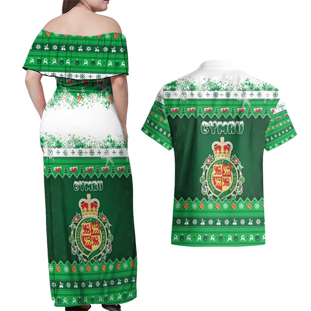Wales Christmas Couples Matching Off Shoulder Maxi Dress and Hawaiian Shirt Cymru Dragon Nadolig Llawen - Wonder Print Shop