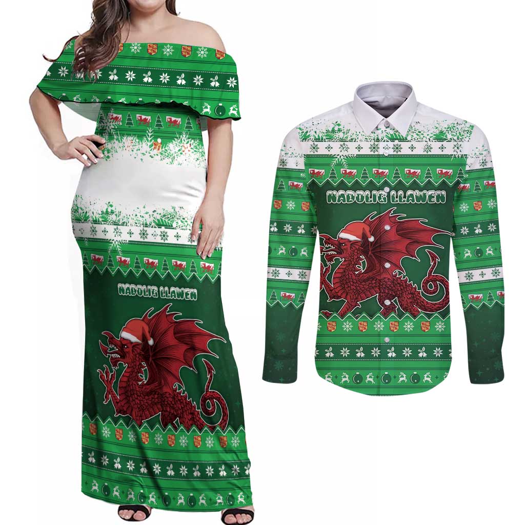 Wales Christmas Couples Matching Off Shoulder Maxi Dress and Long Sleeve Button Shirt Cymru Dragon Nadolig Llawen - Wonder Print Shop