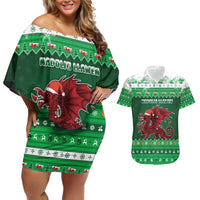 Wales Christmas Couples Matching Off Shoulder Short Dress and Hawaiian Shirt Cymru Dragon Nadolig Llawen - Wonder Print Shop