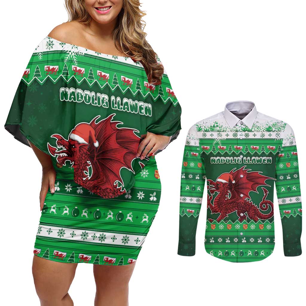 Wales Christmas Couples Matching Off Shoulder Short Dress and Long Sleeve Button Shirt Cymru Dragon Nadolig Llawen - Wonder Print Shop