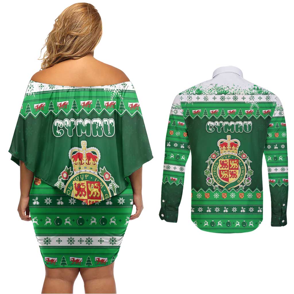 Wales Christmas Couples Matching Off Shoulder Short Dress and Long Sleeve Button Shirt Cymru Dragon Nadolig Llawen - Wonder Print Shop