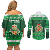 Wales Christmas Couples Matching Off Shoulder Short Dress and Long Sleeve Button Shirt Cymru Dragon Nadolig Llawen - Wonder Print Shop