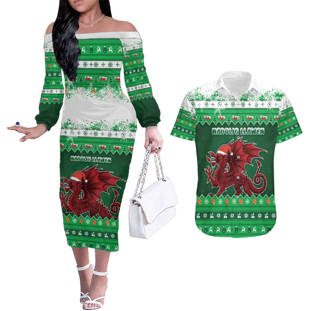 Wales Christmas Couples Matching Off The Shoulder Long Sleeve Dress and Hawaiian Shirt Cymru Dragon Nadolig Llawen - Wonder Print Shop