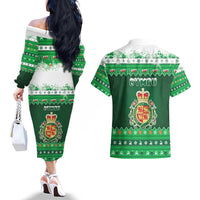 Wales Christmas Couples Matching Off The Shoulder Long Sleeve Dress and Hawaiian Shirt Cymru Dragon Nadolig Llawen - Wonder Print Shop