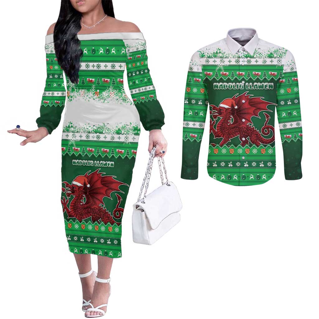 Wales Christmas Couples Matching Off The Shoulder Long Sleeve Dress and Long Sleeve Button Shirt Cymru Dragon Nadolig Llawen - Wonder Print Shop