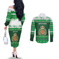Wales Christmas Couples Matching Off The Shoulder Long Sleeve Dress and Long Sleeve Button Shirt Cymru Dragon Nadolig Llawen - Wonder Print Shop