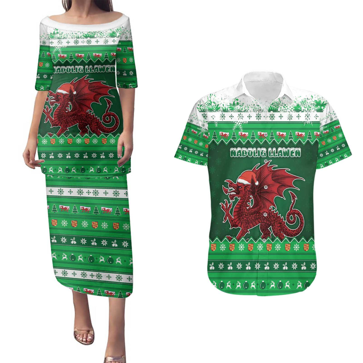 Wales Christmas Couples Matching Puletasi and Hawaiian Shirt Cymru Dragon Nadolig Llawen - Wonder Print Shop