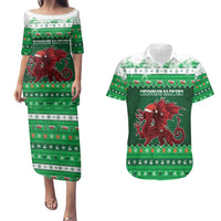 Wales Christmas Couples Matching Puletasi and Hawaiian Shirt Cymru Dragon Nadolig Llawen - Wonder Print Shop
