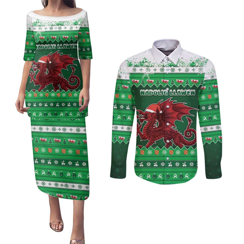 Wales Christmas Couples Matching Puletasi and Long Sleeve Button Shirt Cymru Dragon Nadolig Llawen - Wonder Print Shop