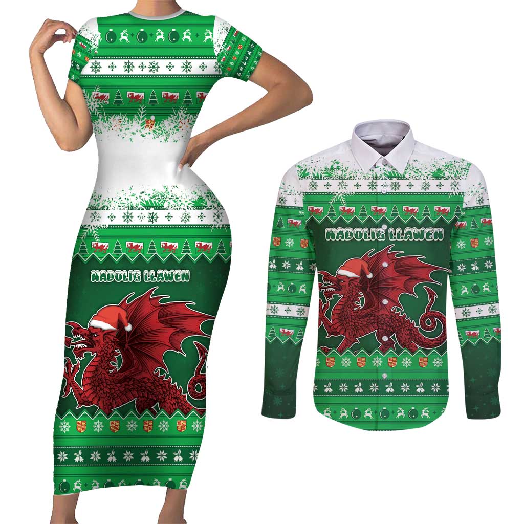 Wales Christmas Couples Matching Short Sleeve Bodycon Dress and Long Sleeve Button Shirt Cymru Dragon Nadolig Llawen - Wonder Print Shop