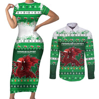 Wales Christmas Couples Matching Short Sleeve Bodycon Dress and Long Sleeve Button Shirt Cymru Dragon Nadolig Llawen - Wonder Print Shop