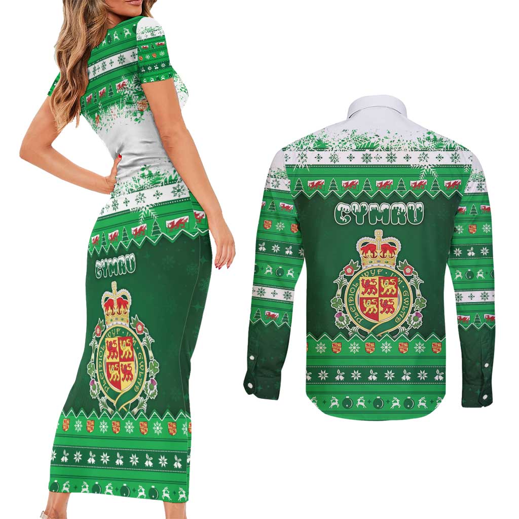 Wales Christmas Couples Matching Short Sleeve Bodycon Dress and Long Sleeve Button Shirt Cymru Dragon Nadolig Llawen - Wonder Print Shop