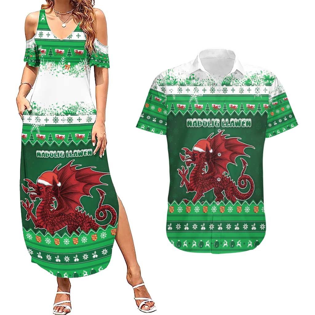 Wales Christmas Couples Matching Summer Maxi Dress and Hawaiian Shirt Cymru Dragon Nadolig Llawen - Wonder Print Shop