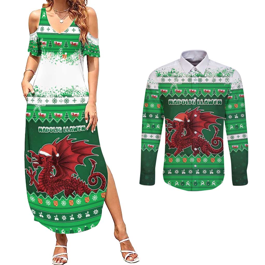 Wales Christmas Couples Matching Summer Maxi Dress and Long Sleeve Button Shirt Cymru Dragon Nadolig Llawen - Wonder Print Shop