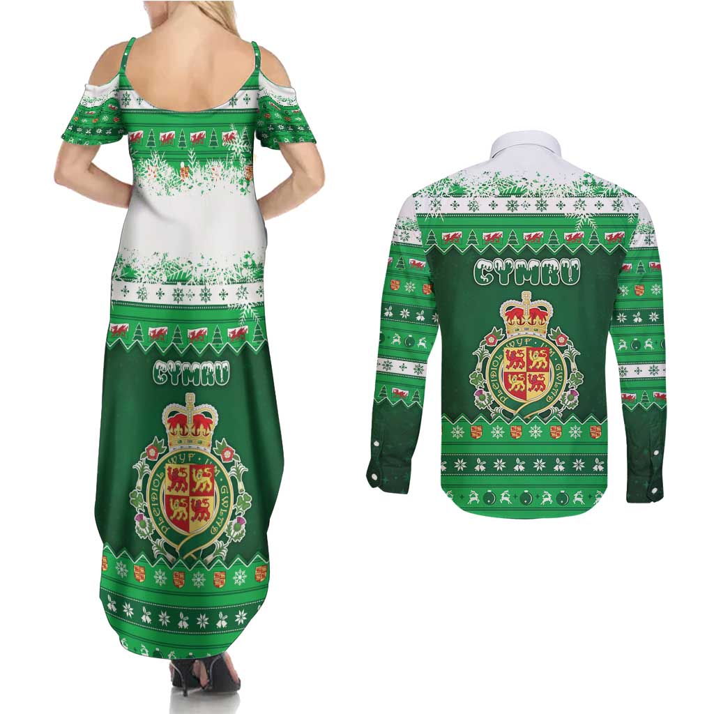 Wales Christmas Couples Matching Summer Maxi Dress and Long Sleeve Button Shirt Cymru Dragon Nadolig Llawen - Wonder Print Shop
