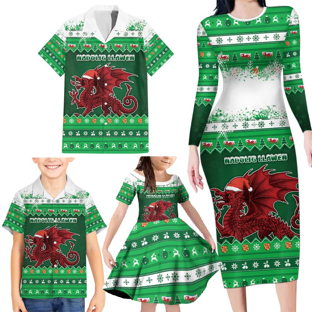 Wales Christmas Family Matching Long Sleeve Bodycon Dress and Hawaiian Shirt Cymru Dragon Nadolig Llawen - Wonder Print Shop