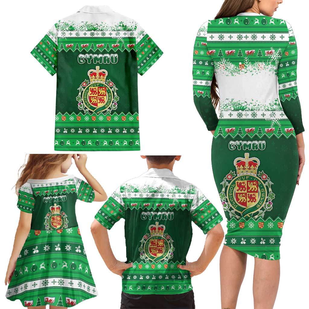 Wales Christmas Family Matching Long Sleeve Bodycon Dress and Hawaiian Shirt Cymru Dragon Nadolig Llawen - Wonder Print Shop