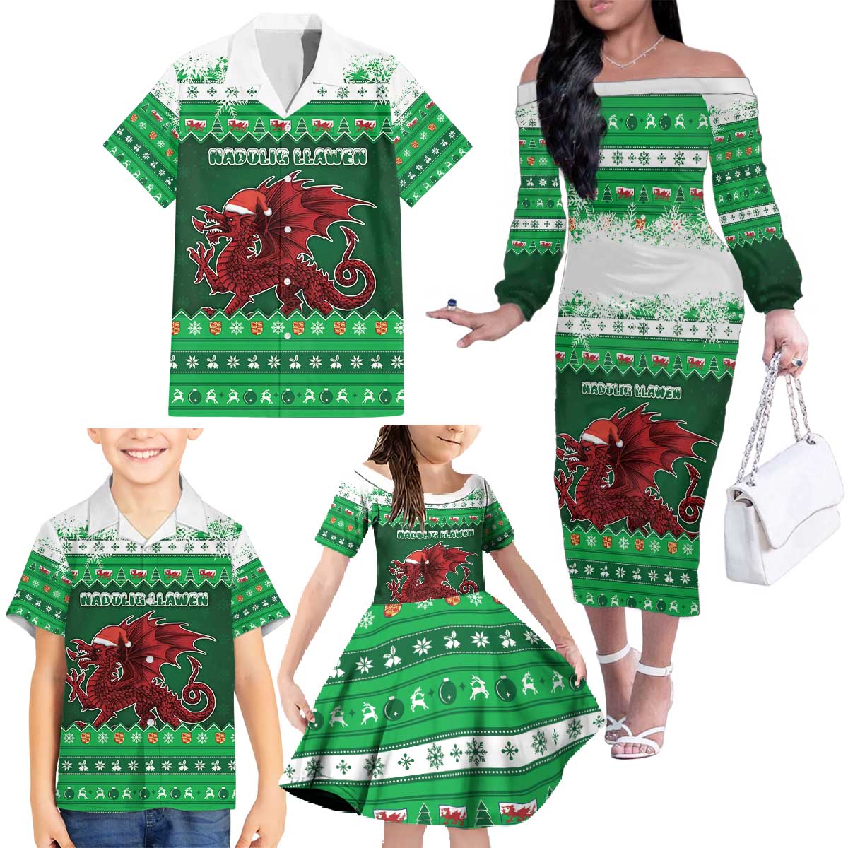 Wales Christmas Family Matching Off The Shoulder Long Sleeve Dress and Hawaiian Shirt Cymru Dragon Nadolig Llawen - Wonder Print Shop