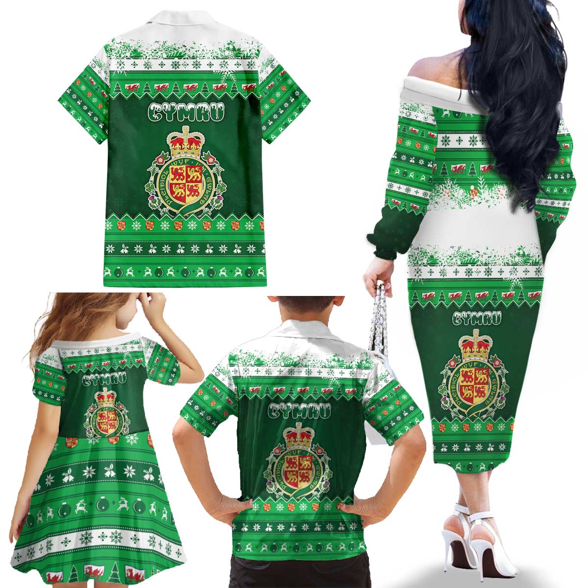 Wales Christmas Family Matching Off The Shoulder Long Sleeve Dress and Hawaiian Shirt Cymru Dragon Nadolig Llawen - Wonder Print Shop