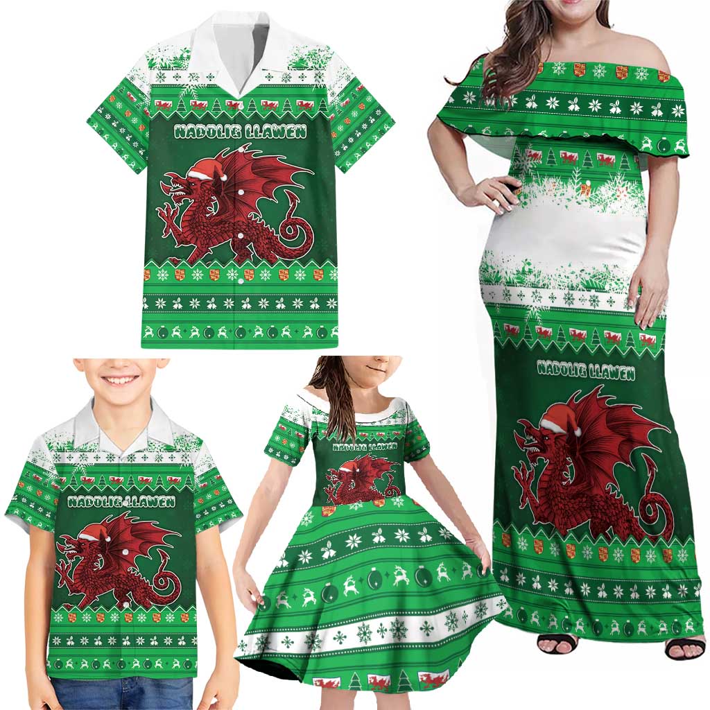 Wales Christmas Family Matching Off Shoulder Maxi Dress and Hawaiian Shirt Cymru Dragon Nadolig Llawen - Wonder Print Shop