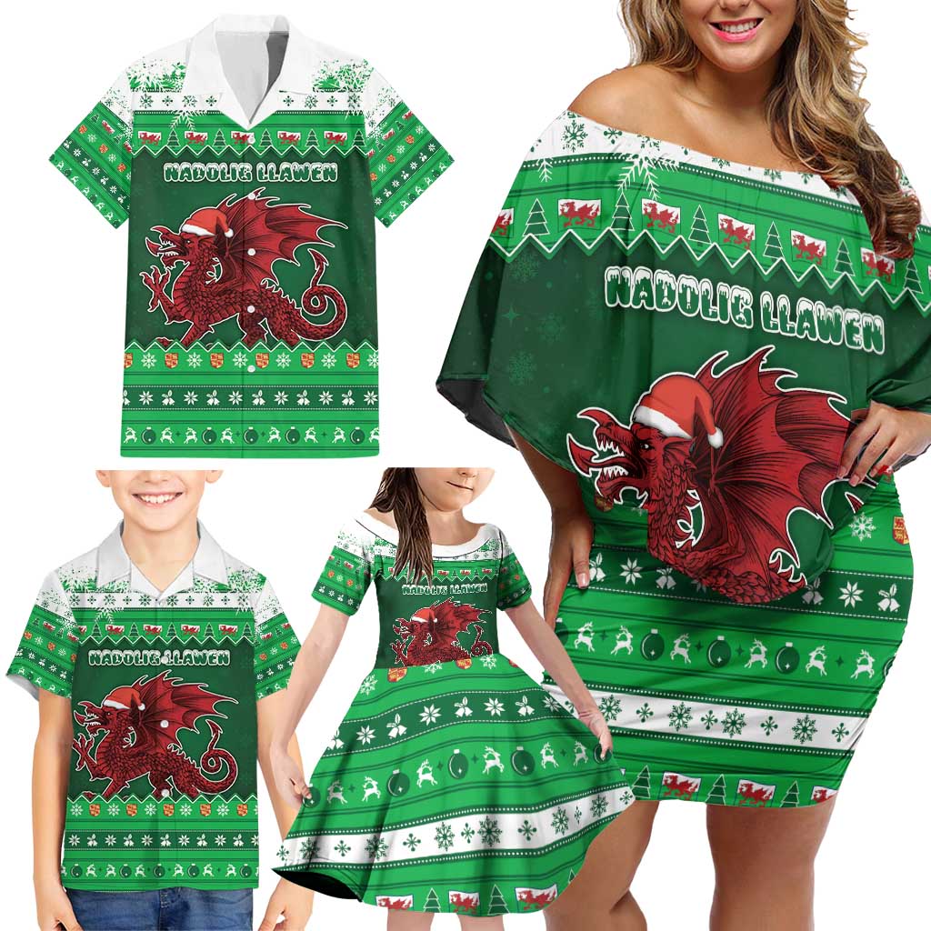 Wales Christmas Family Matching Off Shoulder Short Dress and Hawaiian Shirt Cymru Dragon Nadolig Llawen - Wonder Print Shop