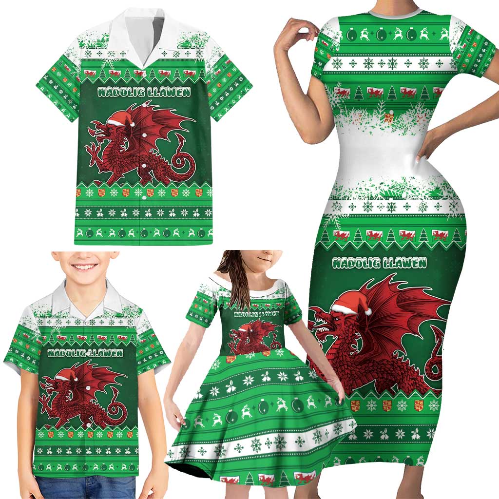 Wales Christmas Family Matching Short Sleeve Bodycon Dress and Hawaiian Shirt Cymru Dragon Nadolig Llawen - Wonder Print Shop