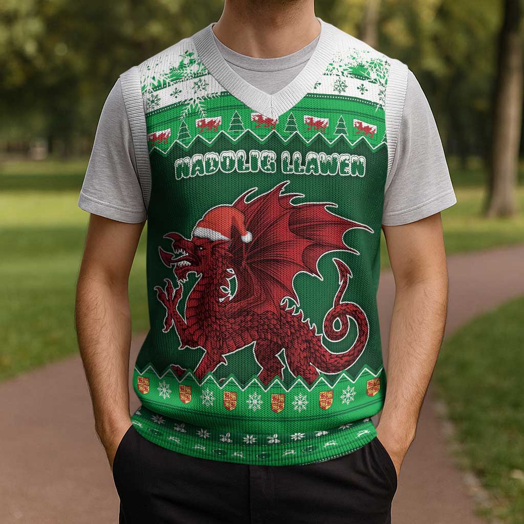 Wales Christmas Knitted V-Neck Vest Cymru Dragon Nadolig Llawen - Wonder Print Shop
