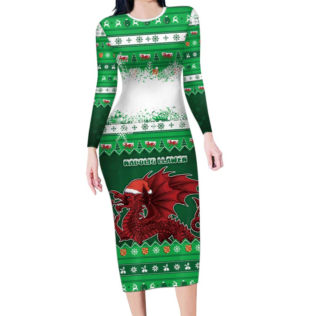Wales Christmas Long Sleeve Bodycon Dress Cymru Dragon Nadolig Llawen - Wonder Print Shop