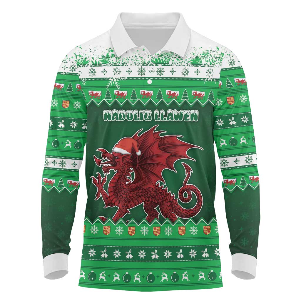 Wales Christmas Long Sleeve Polo Shirt Cymru Dragon Nadolig Llawen - Wonder Print Shop