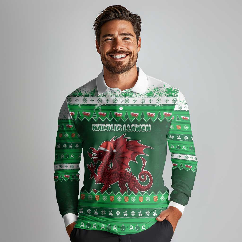 Wales Christmas Long Sleeve Polo Shirt Cymru Dragon Nadolig Llawen - Wonder Print Shop