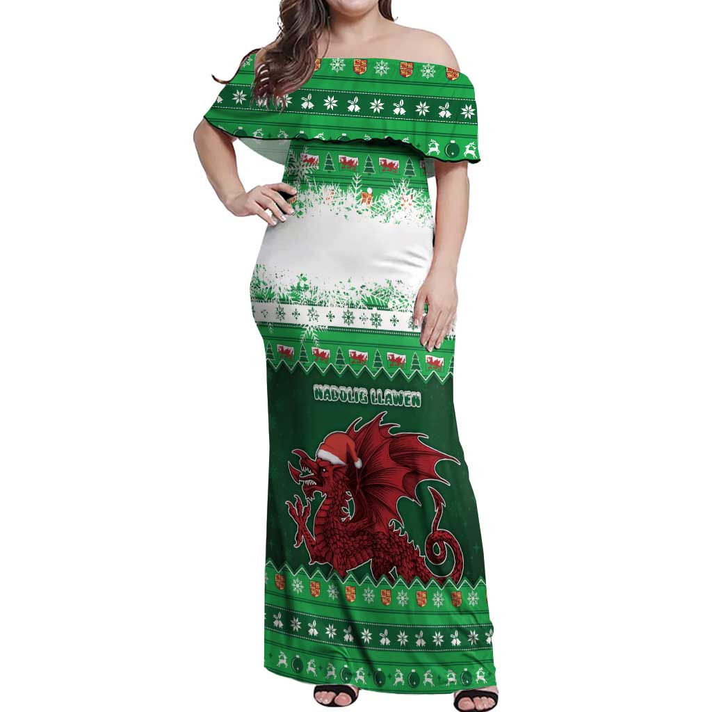 Wales Christmas Off Shoulder Maxi Dress Cymru Dragon Nadolig Llawen - Wonder Print Shop
