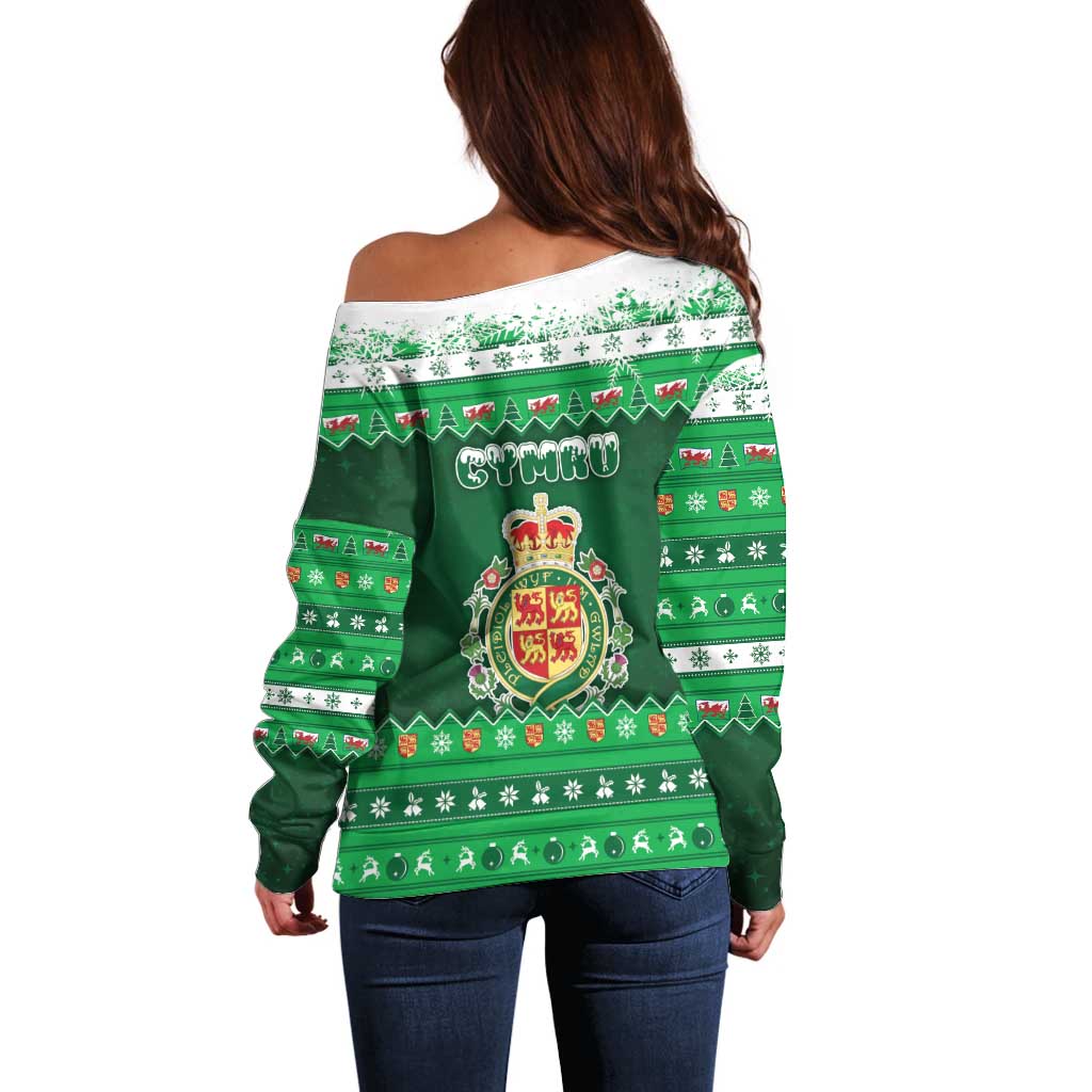 Wales Christmas Off Shoulder Sweater Cymru Dragon Nadolig Llawen - Wonder Print Shop