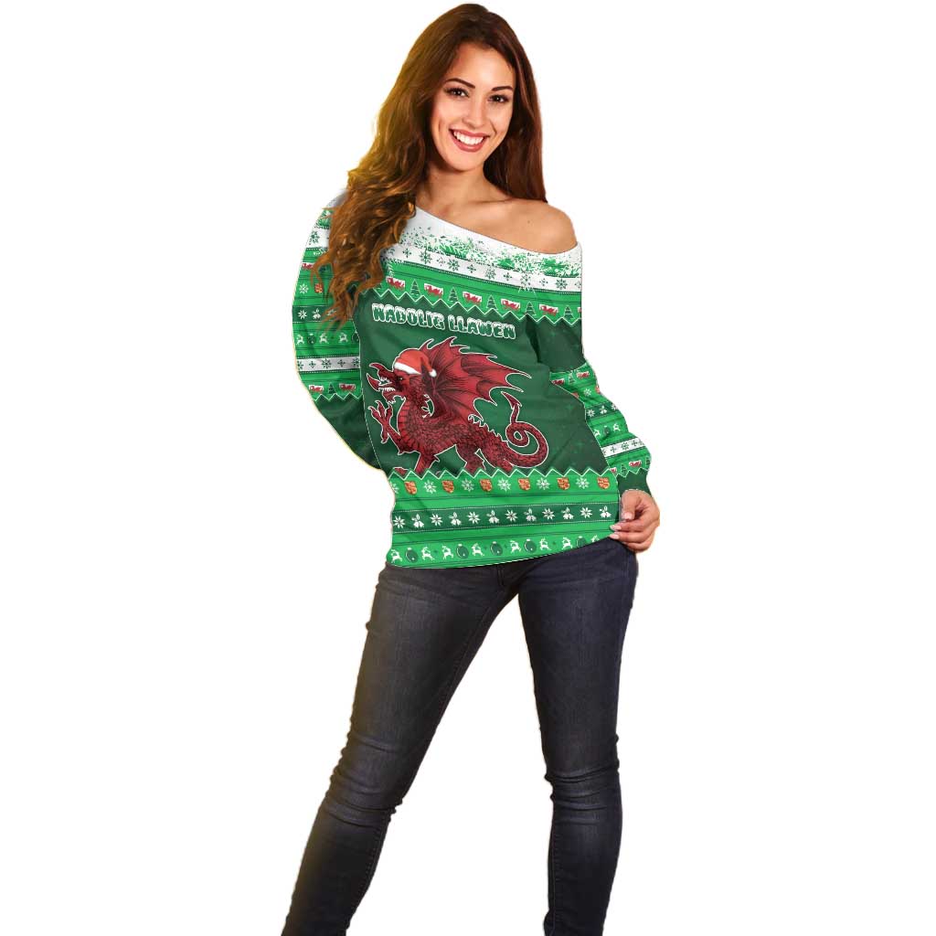 Wales Christmas Off Shoulder Sweater Cymru Dragon Nadolig Llawen - Wonder Print Shop