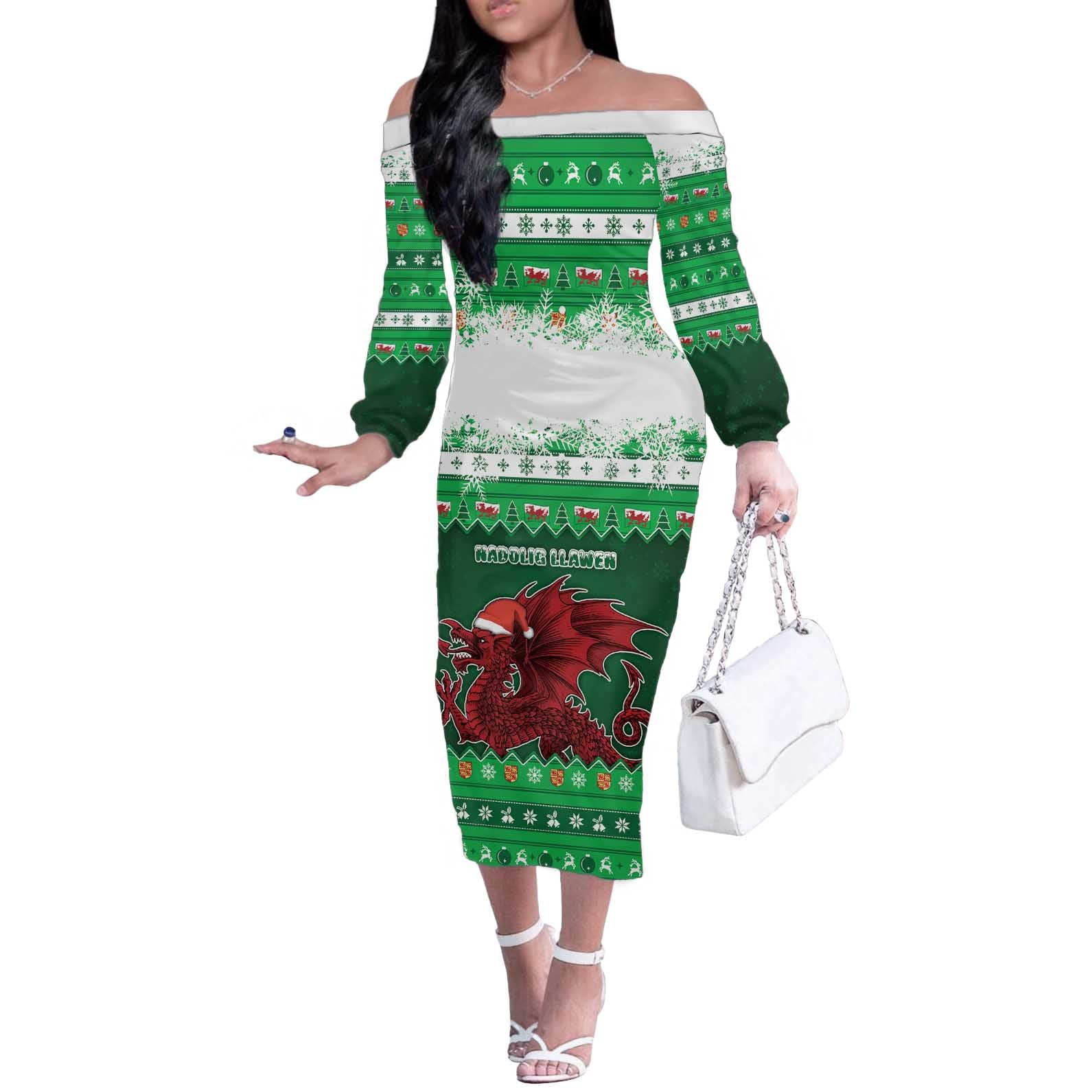 Wales Christmas Off The Shoulder Long Sleeve Dress Cymru Dragon Nadolig Llawen - Wonder Print Shop