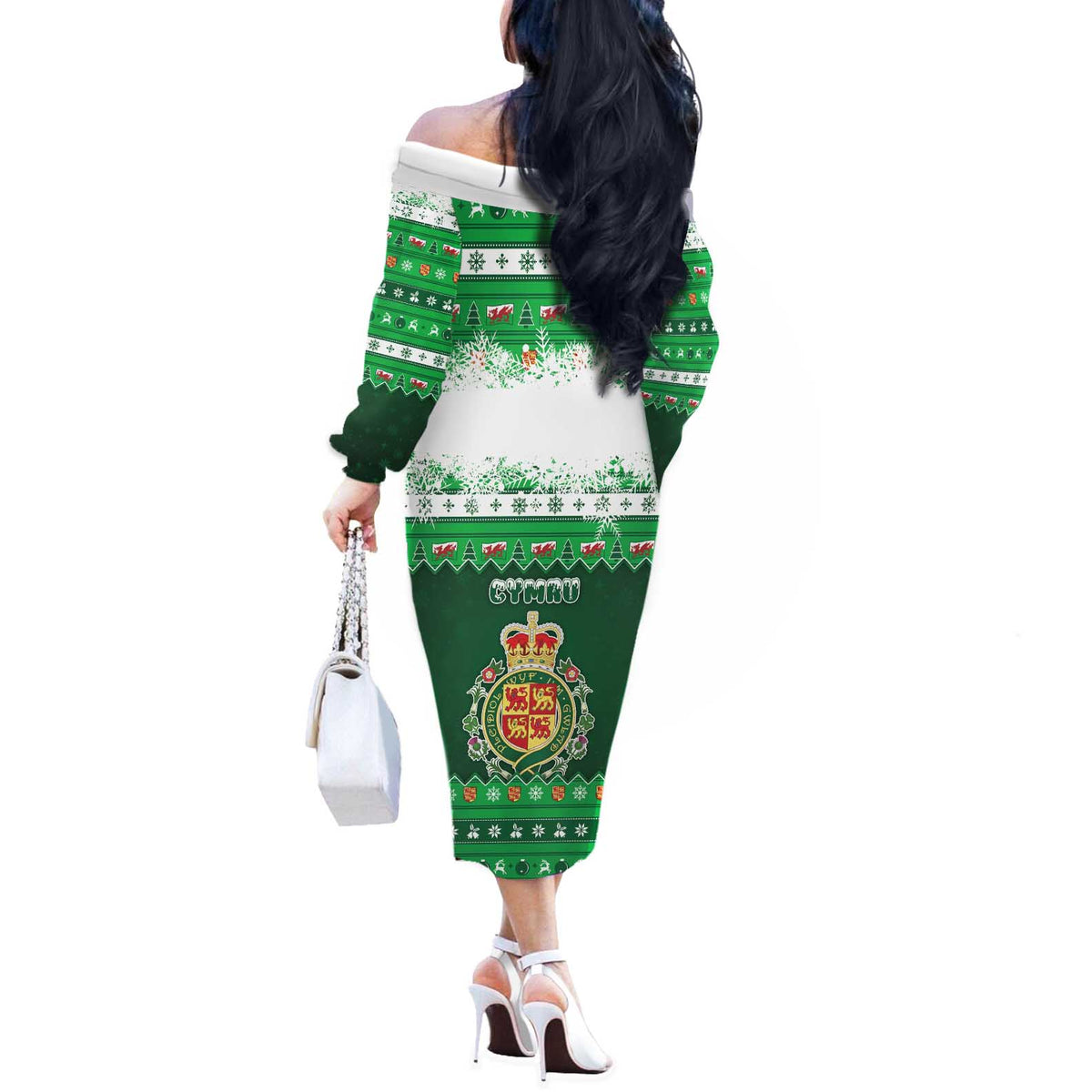 Wales Christmas Off The Shoulder Long Sleeve Dress Cymru Dragon Nadolig Llawen - Wonder Print Shop