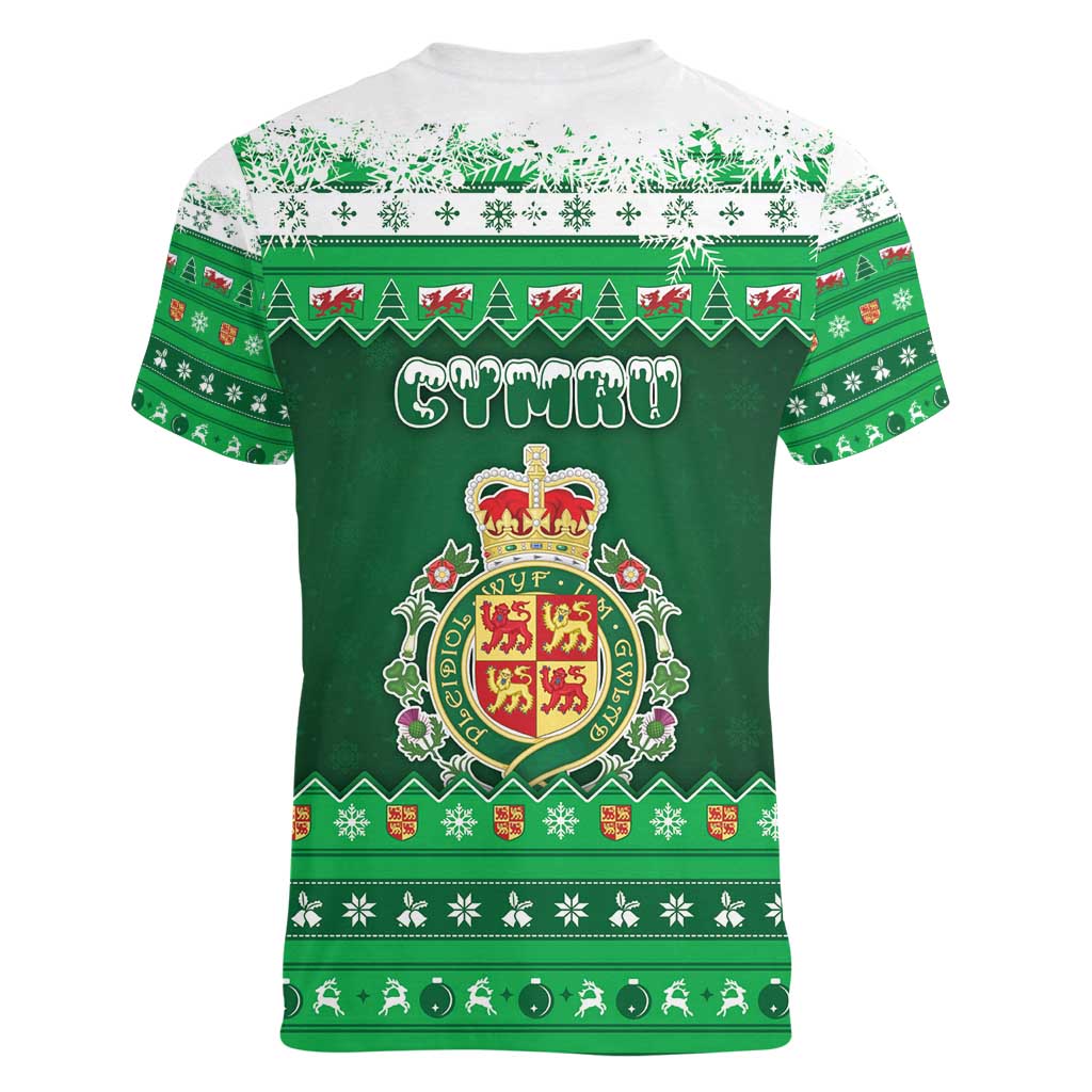 Wales Christmas Women V-Neck T-Shirt Cymru Dragon Nadolig Llawen - Wonder Print Shop